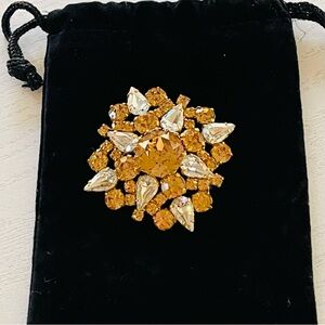 Vintage Rhinestone Brooch, Honey Gold & Clear Rhinestones Mid Century Jewelry